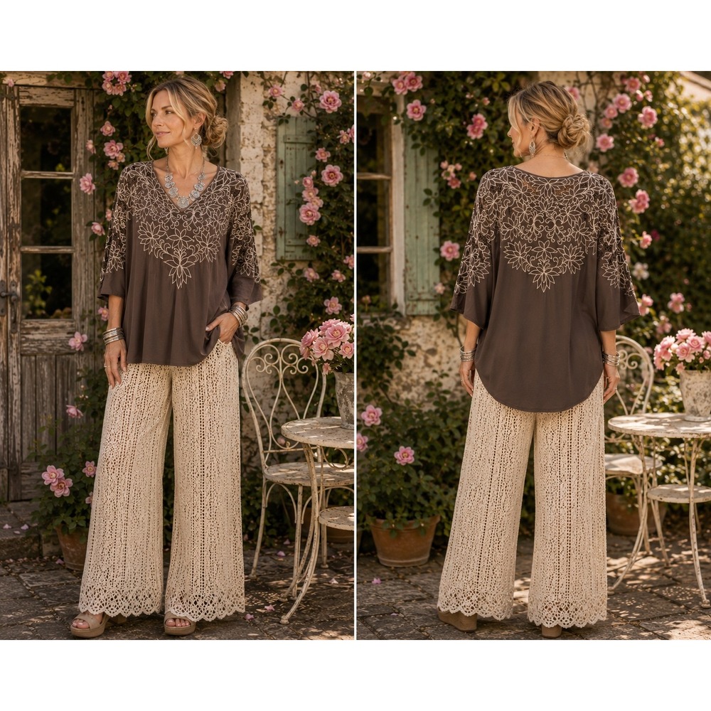 Boho Exotic Handmade In Bali Brown Floral Embroidered Lace Resort Vacation Top L